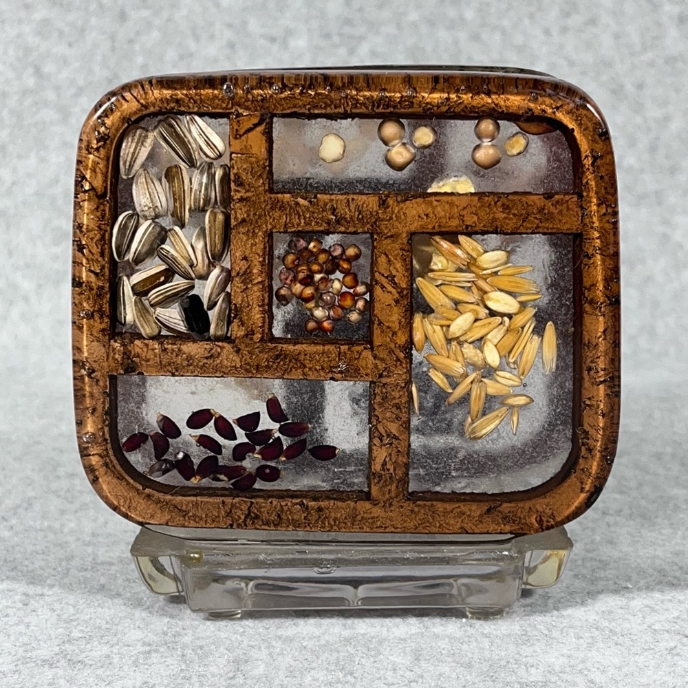 Vintage COLORFLO Lucite Acrylic Napkin Holder Pressed‎ Flowers Rice Seeds Wheat
